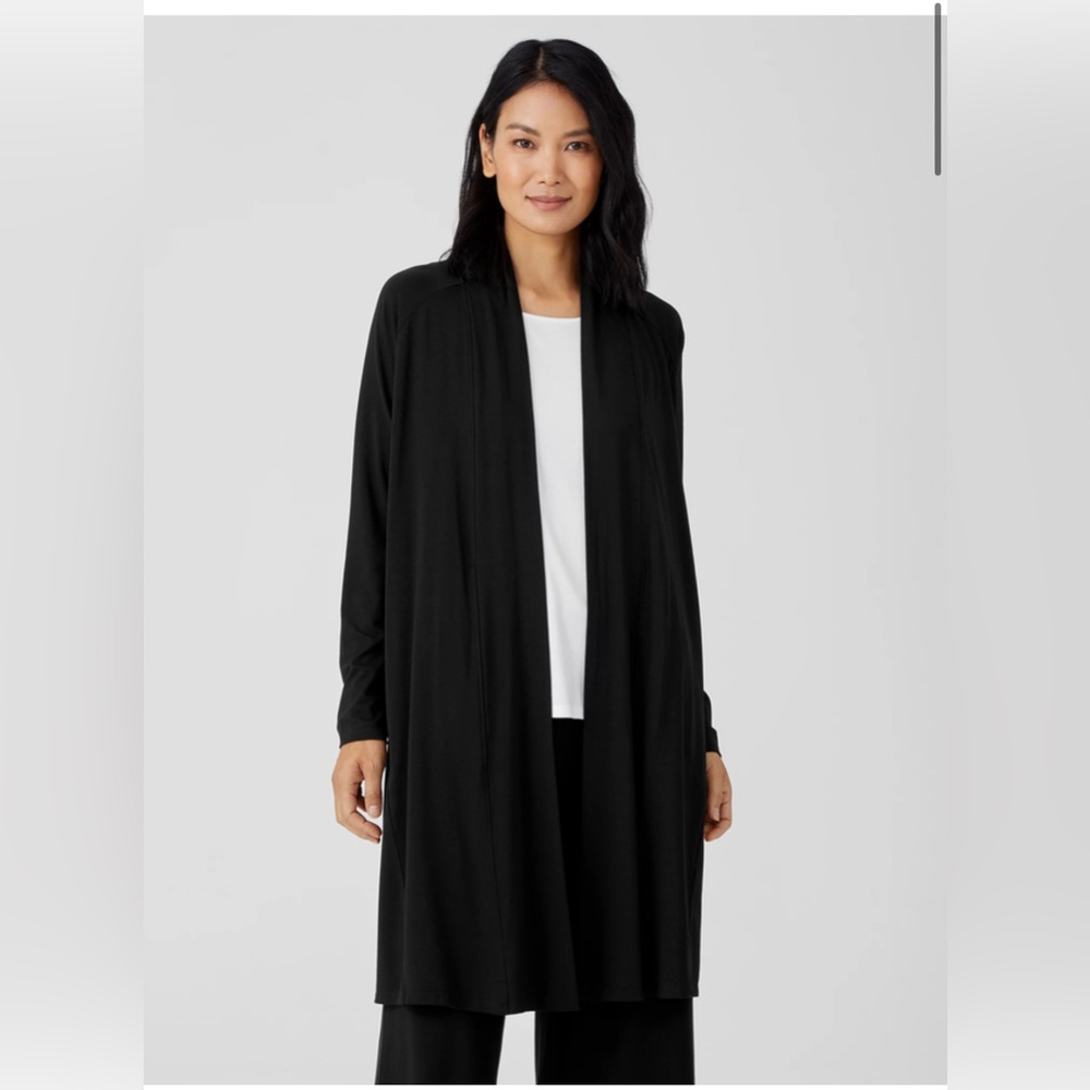Eileen Fisher Women's Black Drape Cardigan, Stretch Jersey Knit Long Jacket